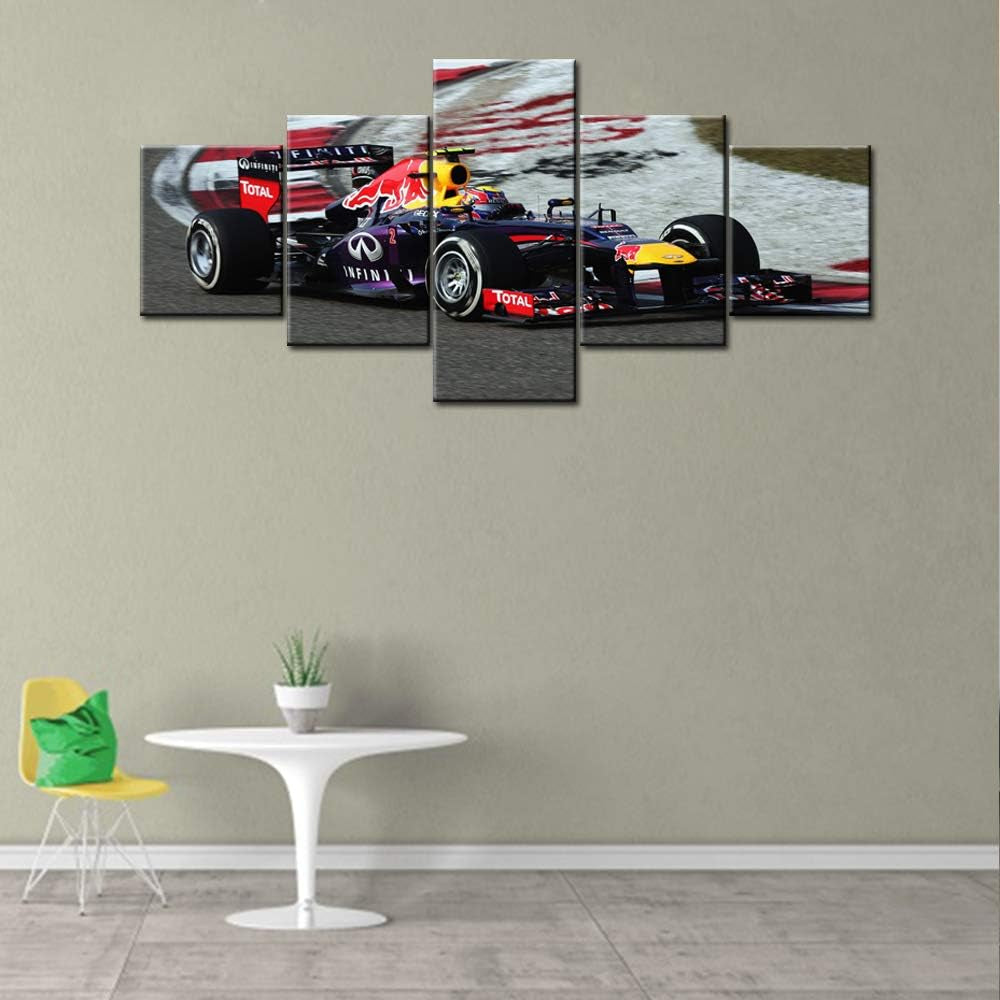 5 Panels Red Bull Racing Car in Black and White Posters Canvas Framed Wall Art Sports Car Pictures Printed on Canvas Painting Artwork for Living Room Bedroom Interior Decoration - 50''Wx24''H