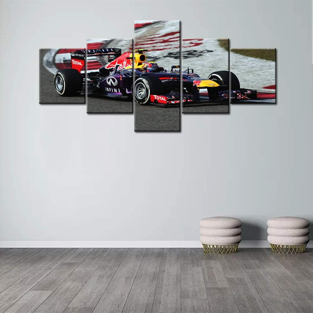 5 Panels Red Bull Racing Car in Black and White Posters Canvas Framed Wall Art Sports Car Pictures Printed on Canvas Painting Artwork for Living Room Bedroom Interior Decoration - 50''Wx24''H