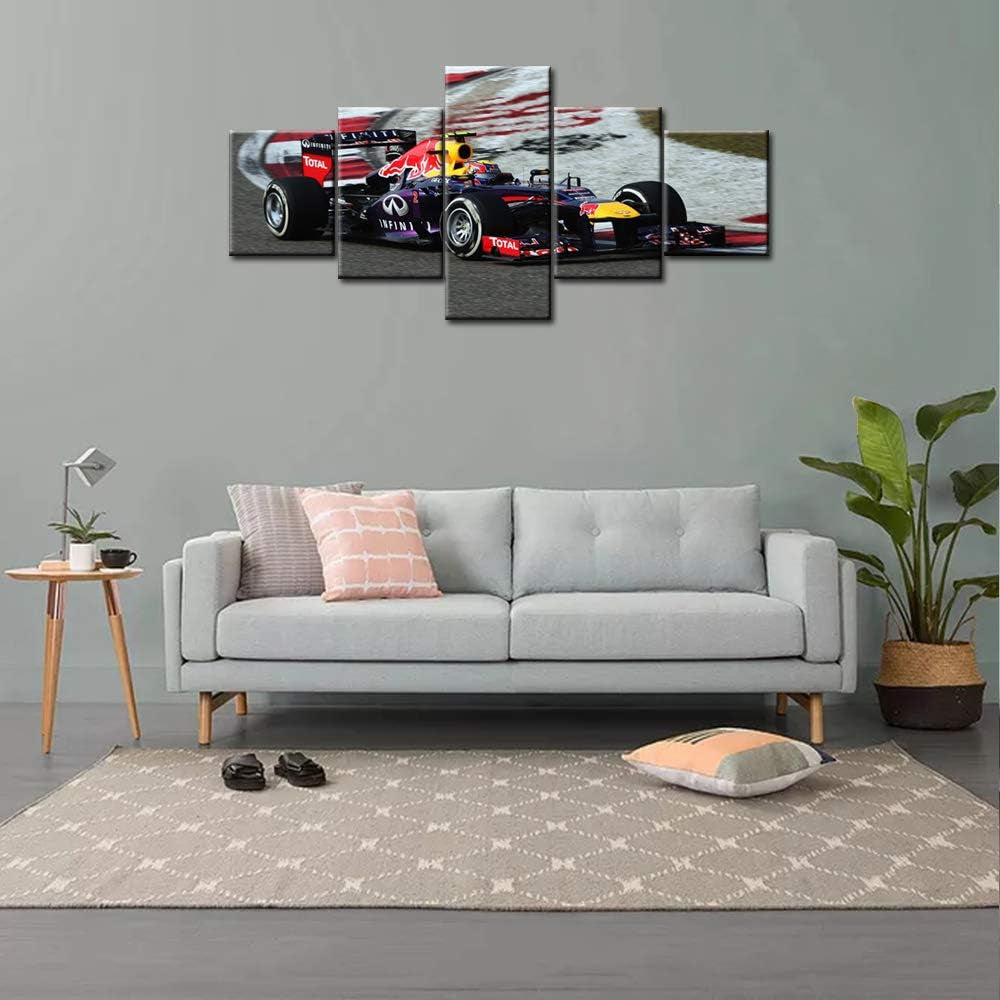 5 Panels Red Bull Racing Car in Black and White Posters Canvas Framed Wall Art Sports Car Pictures Printed on Canvas Painting Artwork for Living Room Bedroom Interior Decoration - 50''Wx24''H
