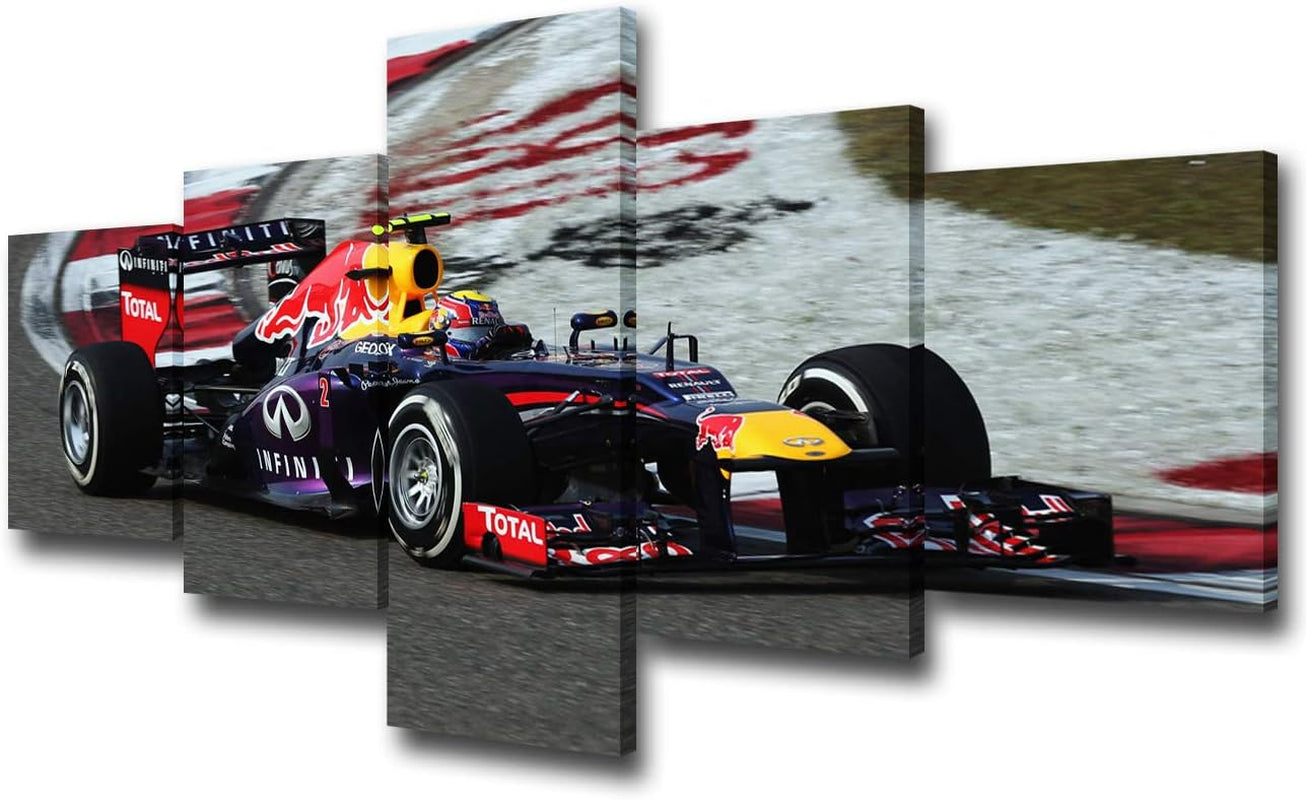 5 Panels Red Bull Racing Car in Black and White Posters Canvas Framed Wall Art Sports Car Pictures Printed on Canvas Painting Artwork for Living Room Bedroom Interior Decoration - 50''Wx24''H